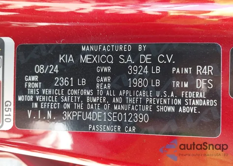 2025 Kia K4 Ex z USA, uszkodzony, nr VIN 3KPFU4DE1SE012390